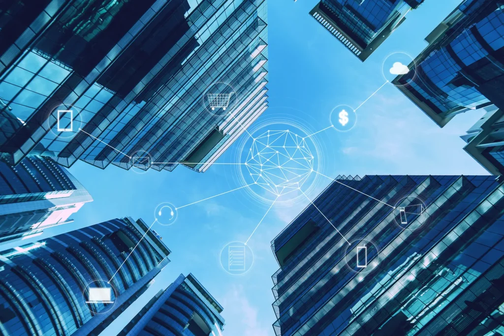 An image of a city skyline with a lot of technology connected to it.